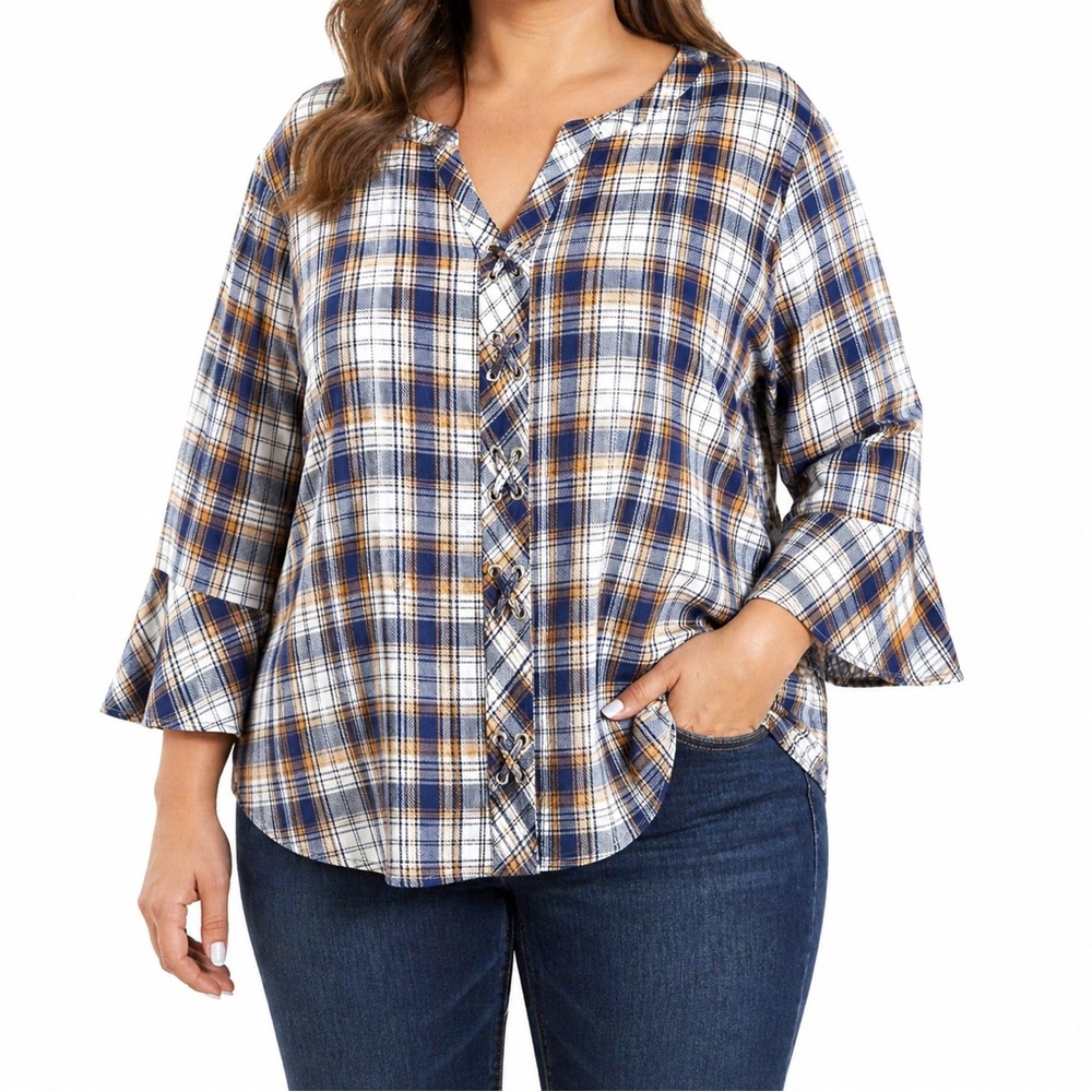 Skies Are Blue Curvy Plaid Lace-Up Blouse 1X Boho Peasant Top